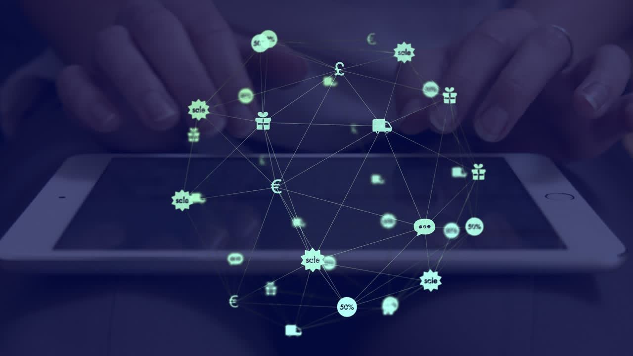 vídeo compuesto digital de una red de conexiones con iconos que se mueven contra la persona que utiliza una tableta digital