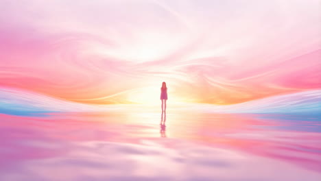 solitary figure in a dreamlike pastel landscape