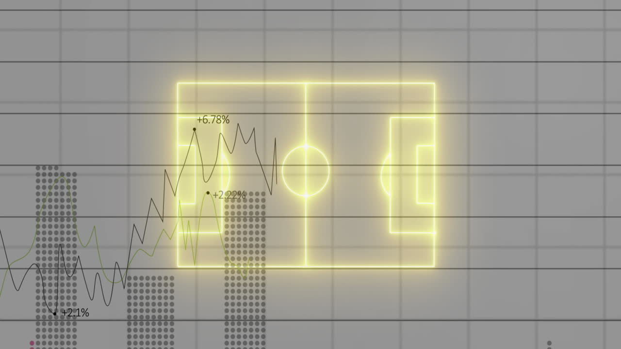 Neon-yellow soccer pitch glowing over data dashboard, showing dotted bars, fluctuating line graphs