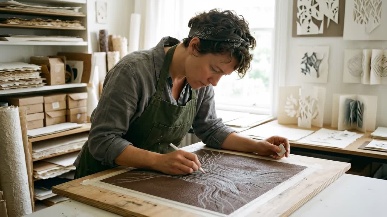 Woman Artist Drawing Detailed Artwork in Her Creative Studio