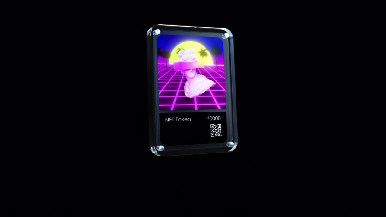 tarjeta de explicación de nft. animación de bucle tarjeta de estilo coleccionable. animación de renderizado 3d.