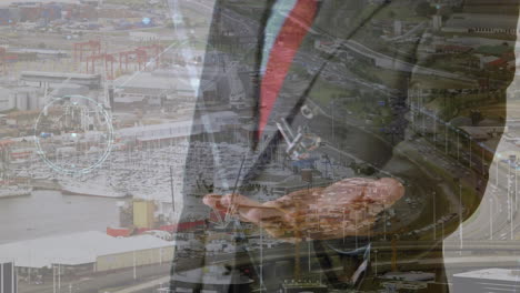 animación de conexiones y procesamiento de datos sobre empresario caucásico con tuercas y pernos