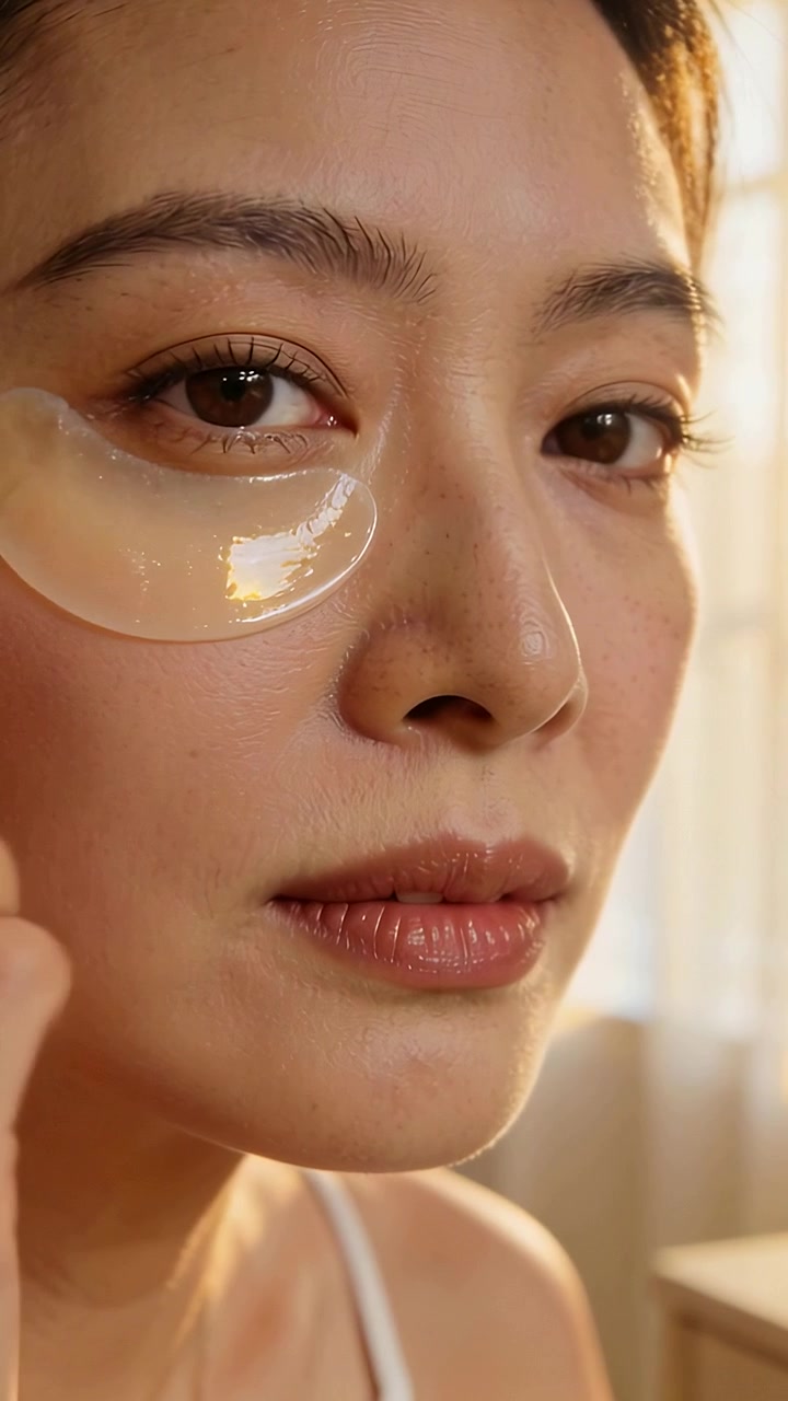 Vertical video: Picking up gel patch, woman securing under left eye in bedroom using fingertips
