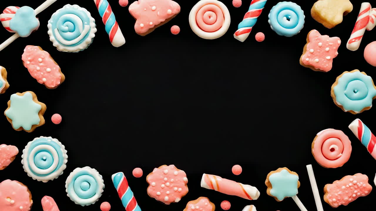 Colorful Candy and Cookie Frame on Black Background