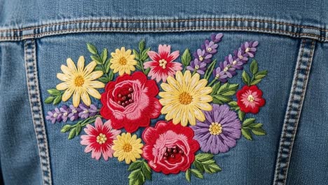 a vibrant floral embroidery design beautifully displayed on the back of a denim jacket, showcasing intricate stitching with colorful roses, daisies, and lavender accents