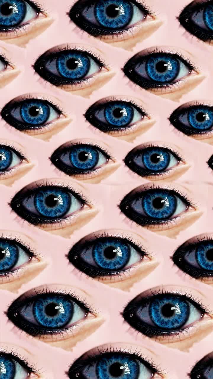 Surreal video concept featuring a close-up, top-down angle of multiple blue eyes