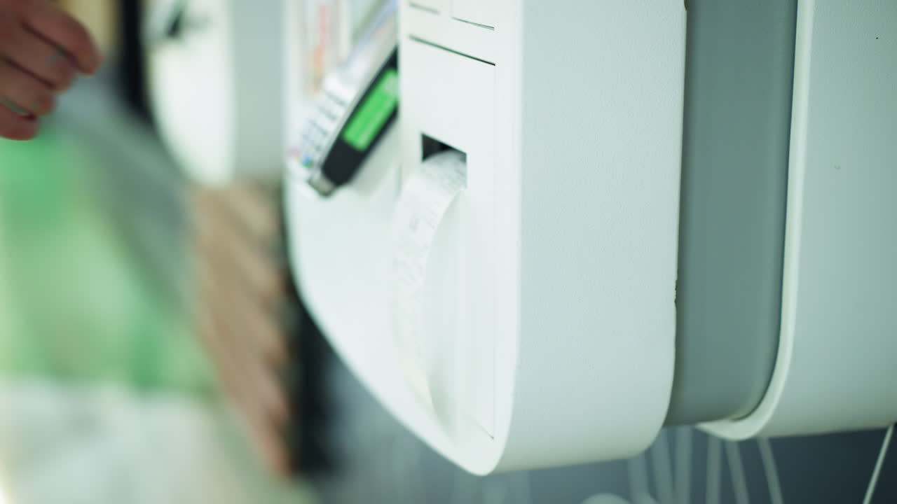Lady's hand retrieving receipt from white ATM machine after making a transaction, wearing wrist chain, other ATM machines are slightly visible in background, while standing in a well-lit space
