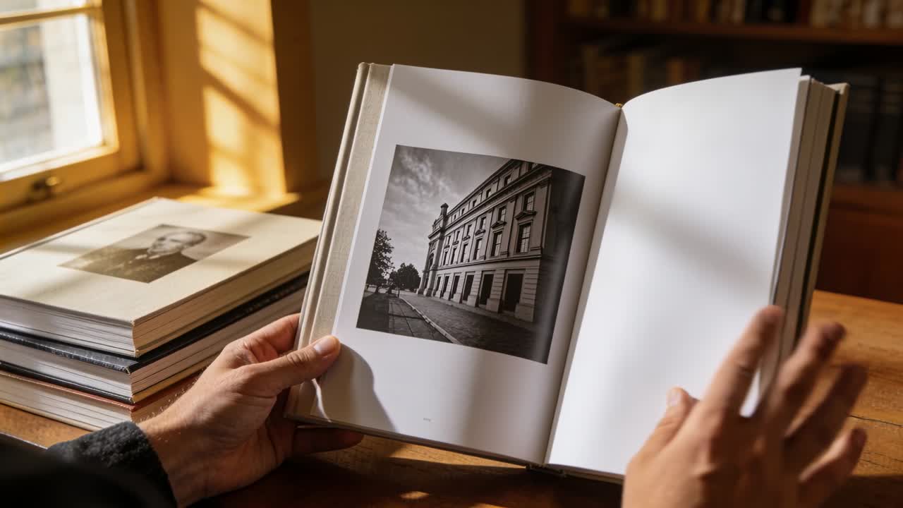 Apertura del libro "Masterworks of Photography", mani che sfogliano le pagine a un tavolo vicino alla finestra, osservando stampe in bianco e nero.