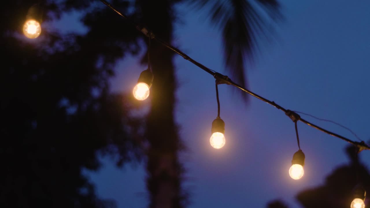 Bright Light Bulb String Dangling Against Dark Sky