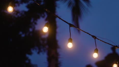 bright light bulb string dangling against dark sky