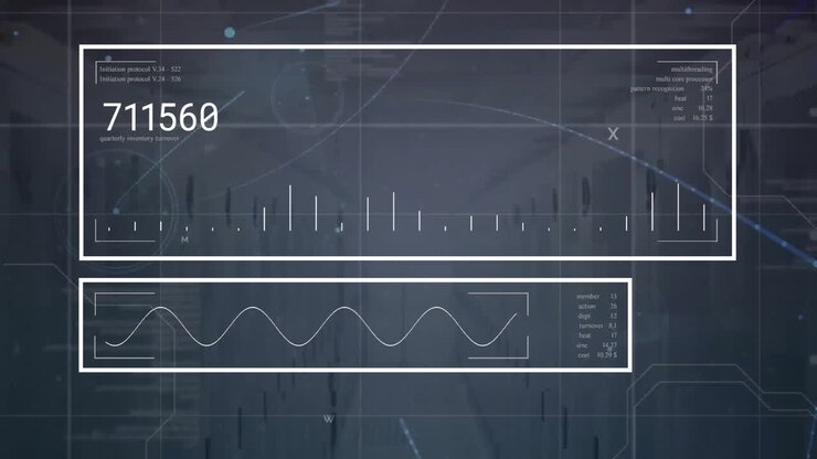 Animation of digital data processing over grid on dark background