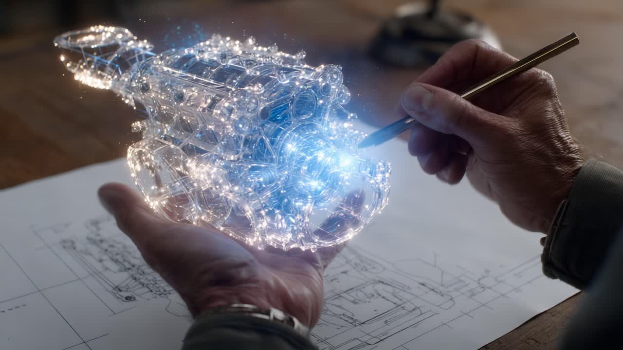 A Creative Mind Manipulates a Sparkling Digital Engine Model, Blending Innovative Technology with Artistic Flair in a Visually Striking 3D Animation