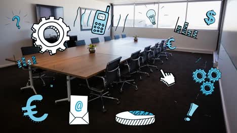 animation mehrerer digitaler symbole in einem leeren besprechungsraum im büro