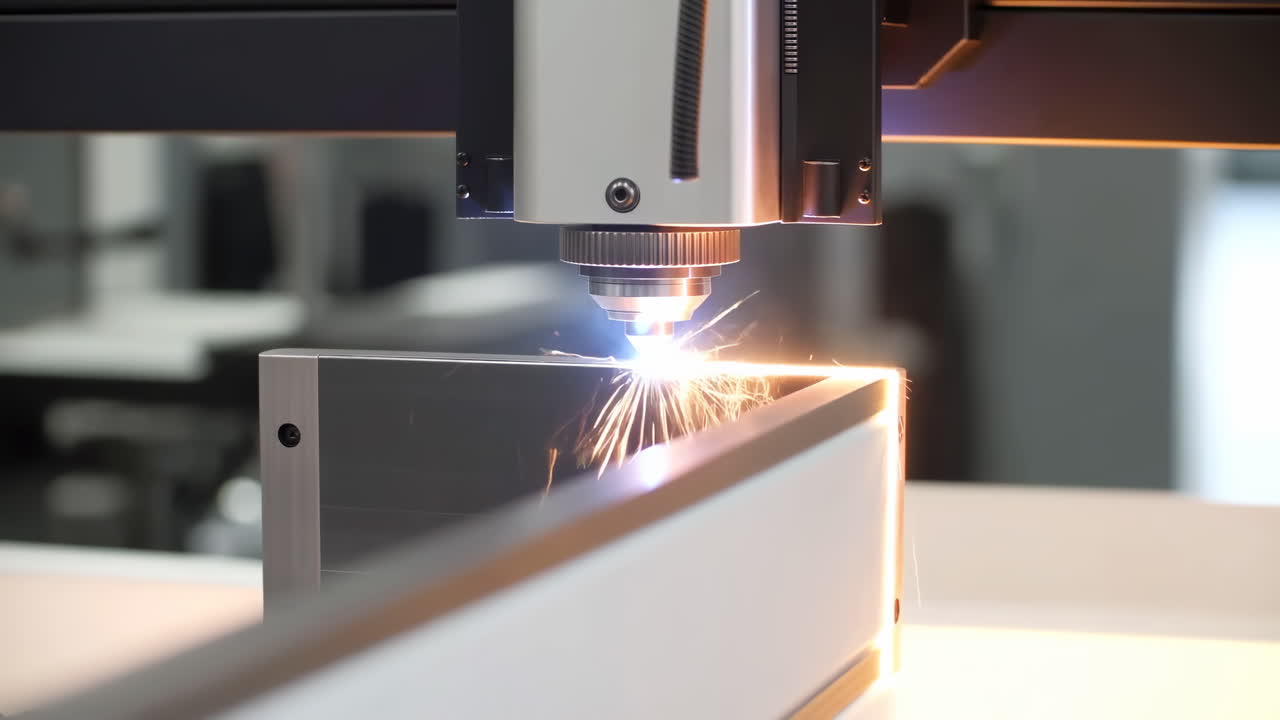 Taglio laser di metallo con scintille, testa laser CNC che taglia una lastra di alluminio, raggio luminoso e scintille volanti, primo piano.
