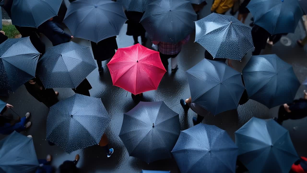 Un paraguas rojo destaca entre los oscuros. La multitud avanza bajo paraguas grises, concentrada, apagada. Un color brillante rompe la conformidad. Escena urbana, día lluvioso, tensión silenciosa.