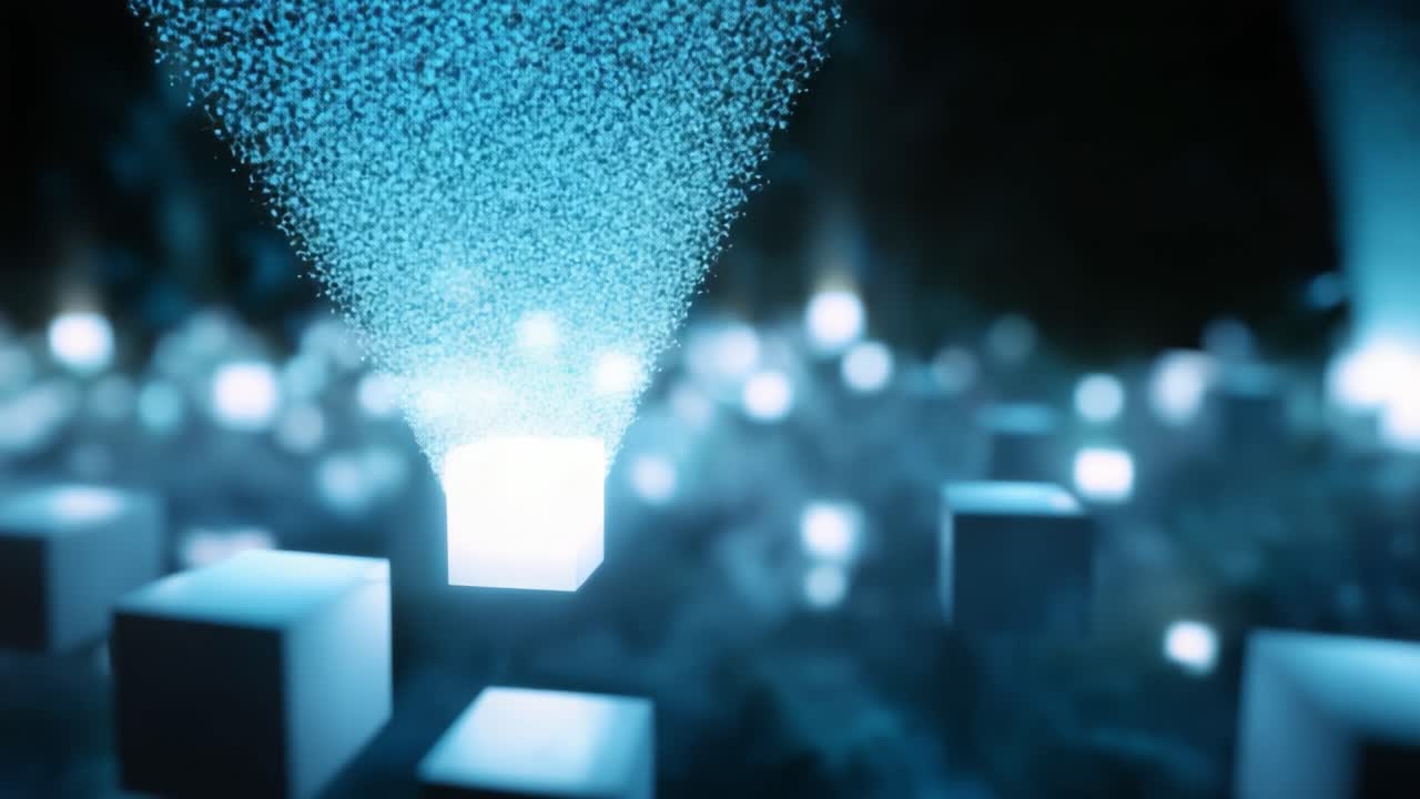 Ethereal Light Cubes in a Dim Environment with Luminescent Particles Captivating the Viewer through Mystical Auras and Avatars of Sparkling Motion