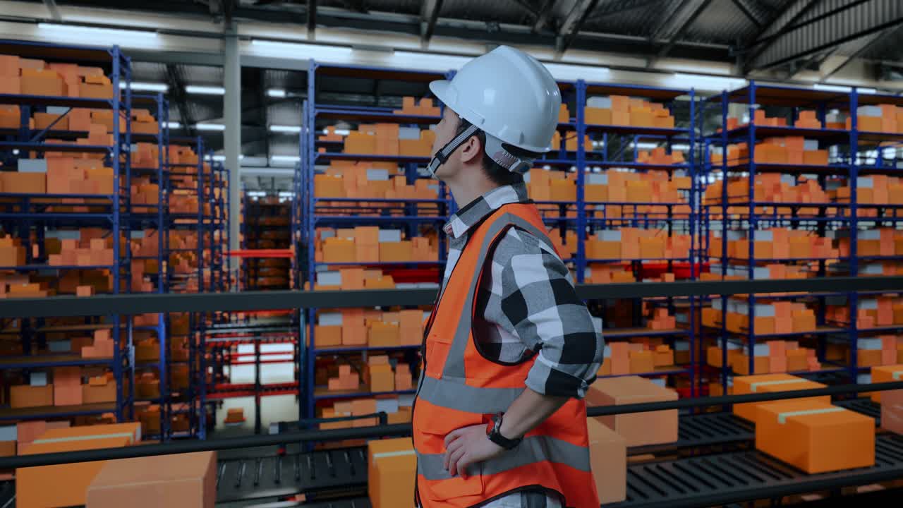 vista lateral de un ingeniero masculino asiático con casco de seguridad en el almacén con estantes llenos de mercancías de entrega. de pie con los brazos akimbo mirando a su alrededor, comprobando el stock en los estantes