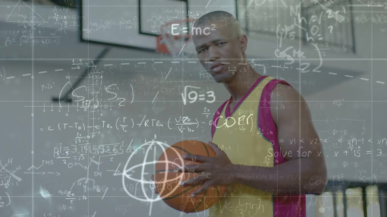 Male player holding ball, gazing down and initiating animated math formulas for tech on court