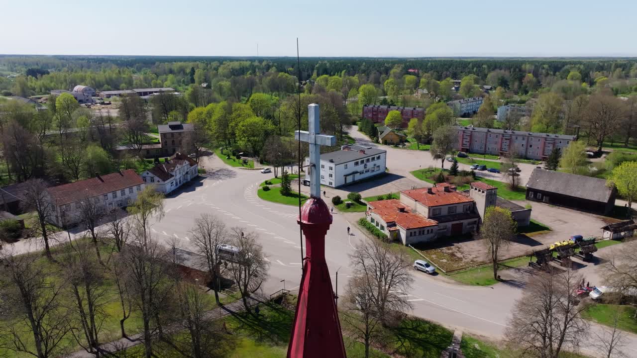 Rucava’s historic center and church revealed in cinematic drone orbit sequence