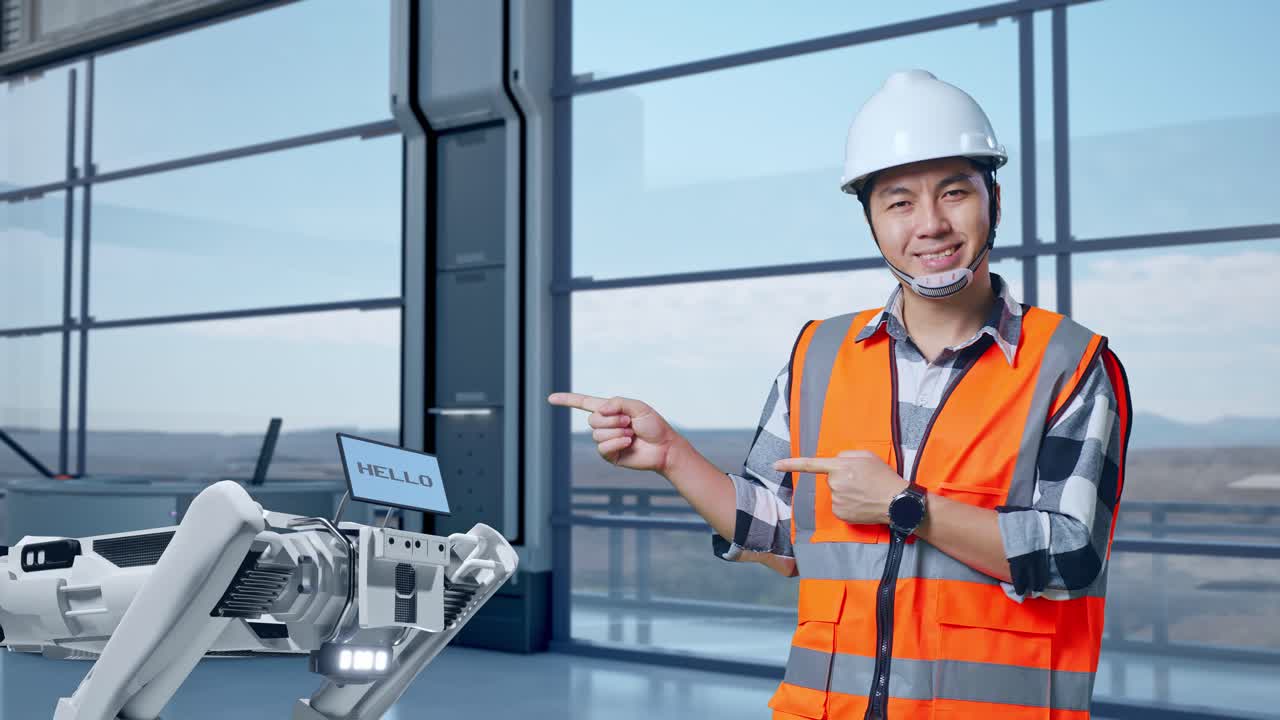 안전 헬을 입은 아시아 남성 엔지니어가 하이테크 공장에서 로 기계 개념을 분석하며 웃고 을 가리키며 무언가를 추천합니다.