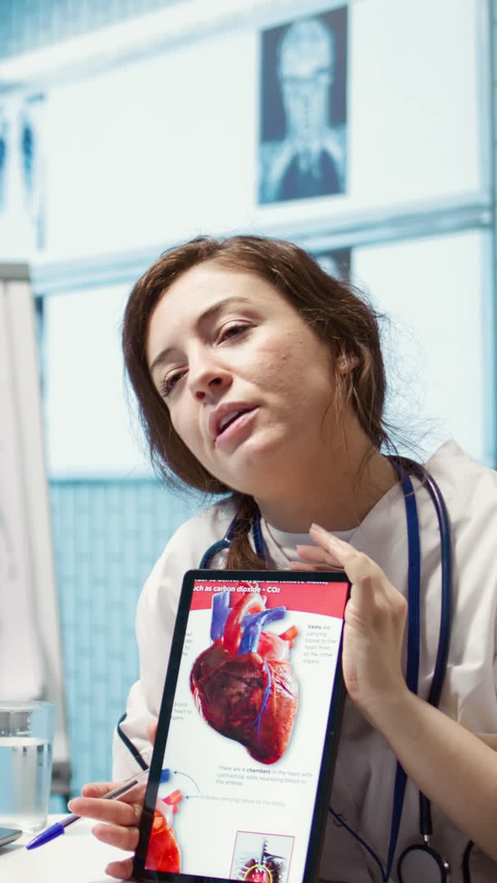 Kvindelig læge forklarer menneskets hjerteanatomi på digital tablet.