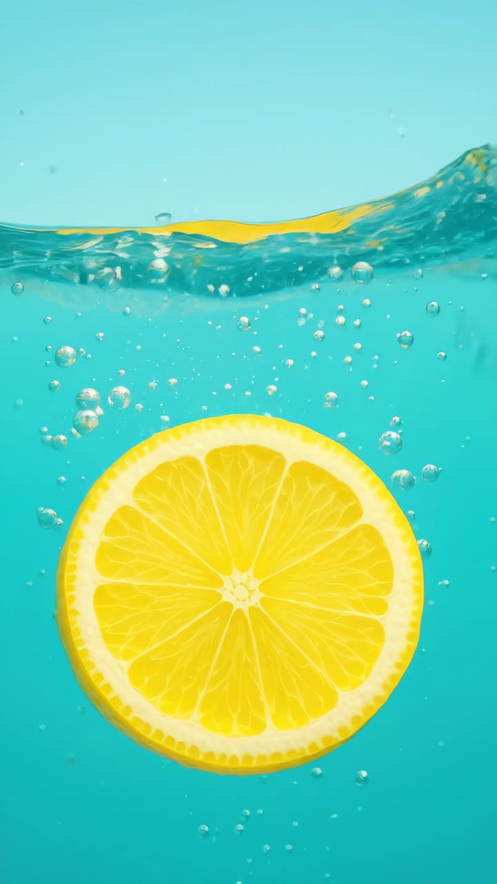A vibrant video still of a lemon slice submerged in water, captured from a side angle