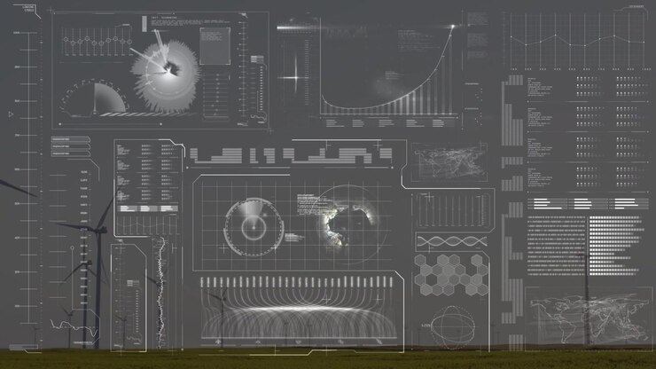 Camera panning across horizon HUD showing data spinning radar and tracking rising turbine output