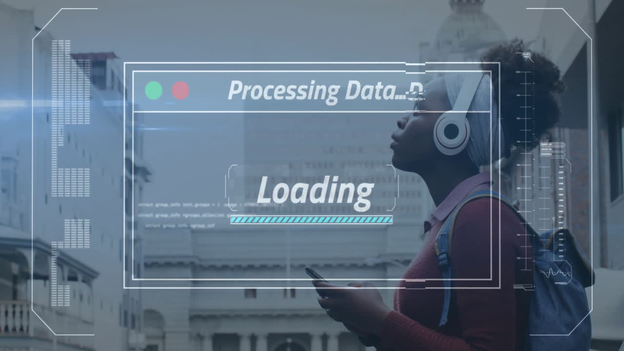 Processing data and loading animation over person with headphones holding smartphone
