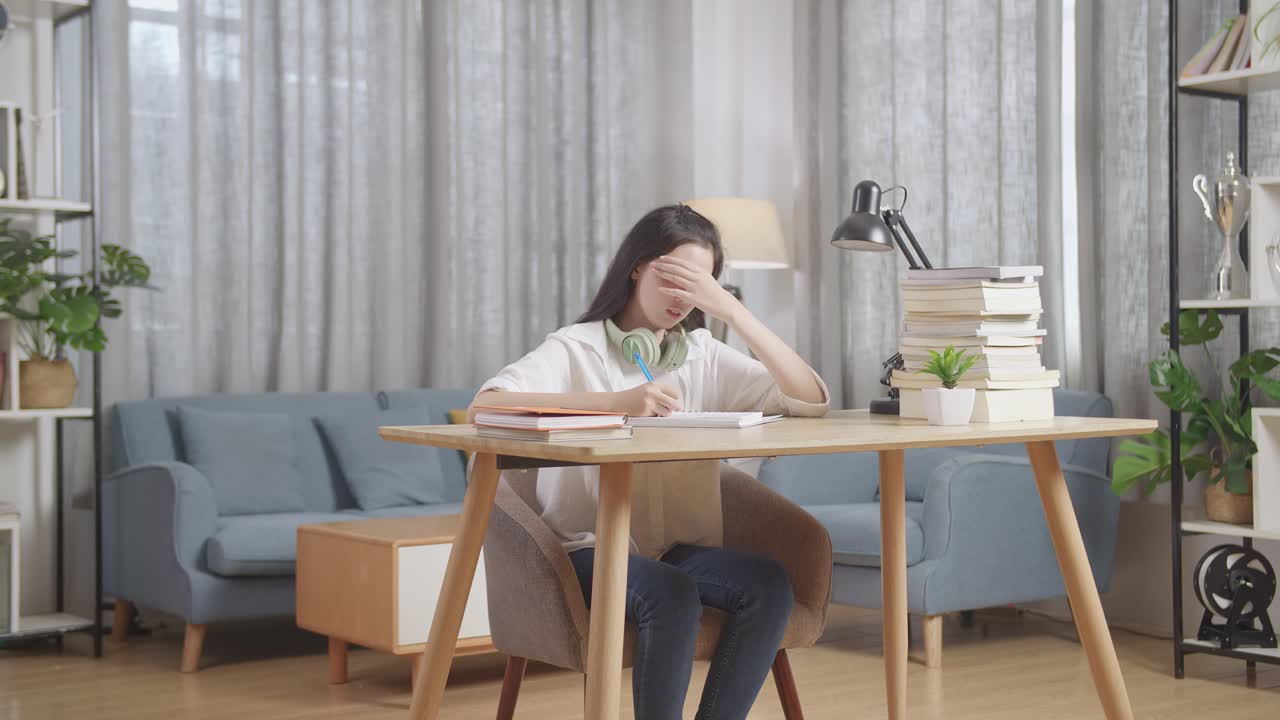 집에서 공부하는 스트레스를 받는 학생