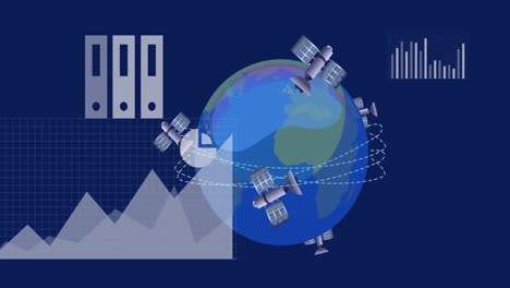 animación del procesamiento de datos y globo sobre fondo azul