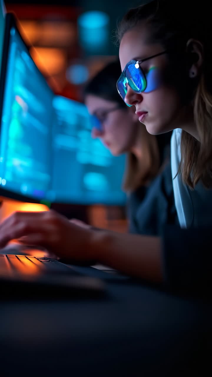 Two women coding on computers in a dimly lit environment