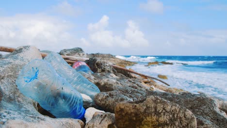 empty plastic bottles washed ashore on the rocky coast in kralendijk, bonaire