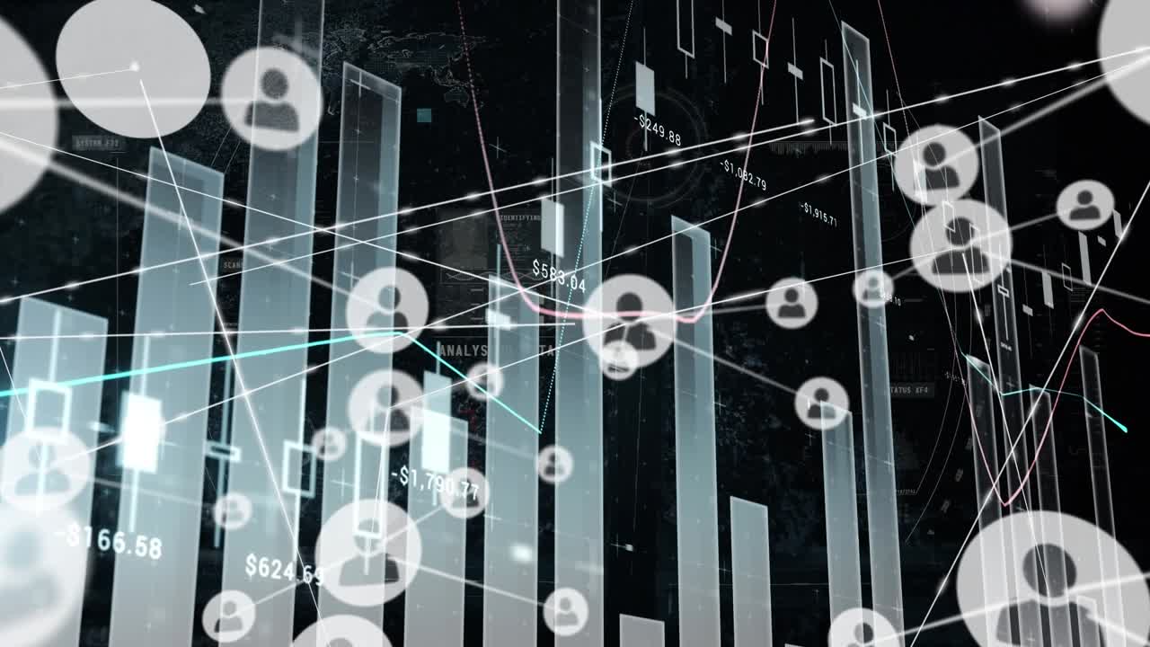 Animation of network of connections with icons over data processing on black background