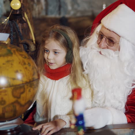 santa claus and beautiful girl look at the round globe indoors. child's hands turning the globe model and santa explaining to a little girl something.