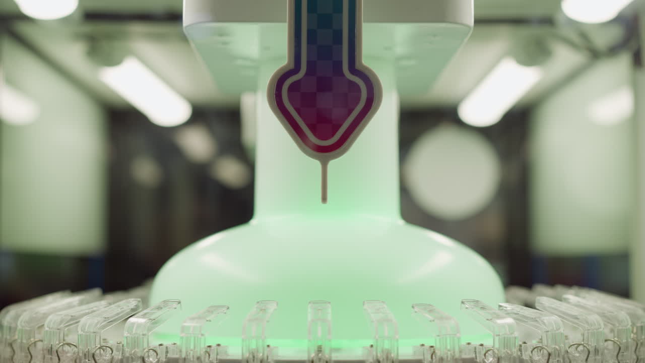 현대적인 기계적 설정으로 회전하는 체커보드 패턴의 화살표 디자인으로 조명 된 녹색 원통 모양의 물체의 클로즈업, 반사 유리와 부드러운 반이는 불빛으로 둘러싸인 쇼핑몰