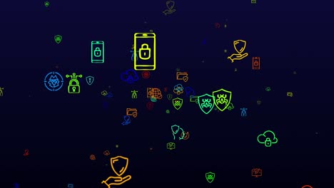 computer security. neon icons background. seamless pattern. loop animation. small, multicolored icons, illustrations or logos appear, fly slowly on black backdrop