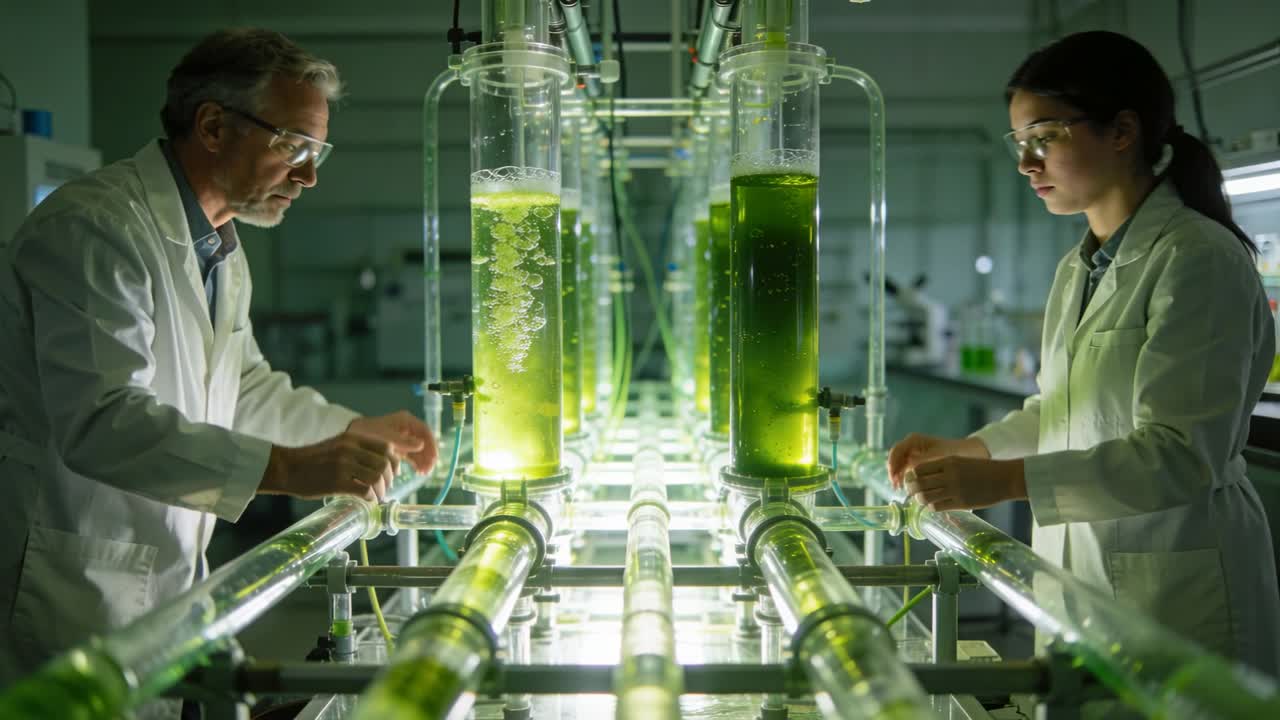 Vertical video: Two researchers adjusting tubing on lit algae reactors, responding to bubbles