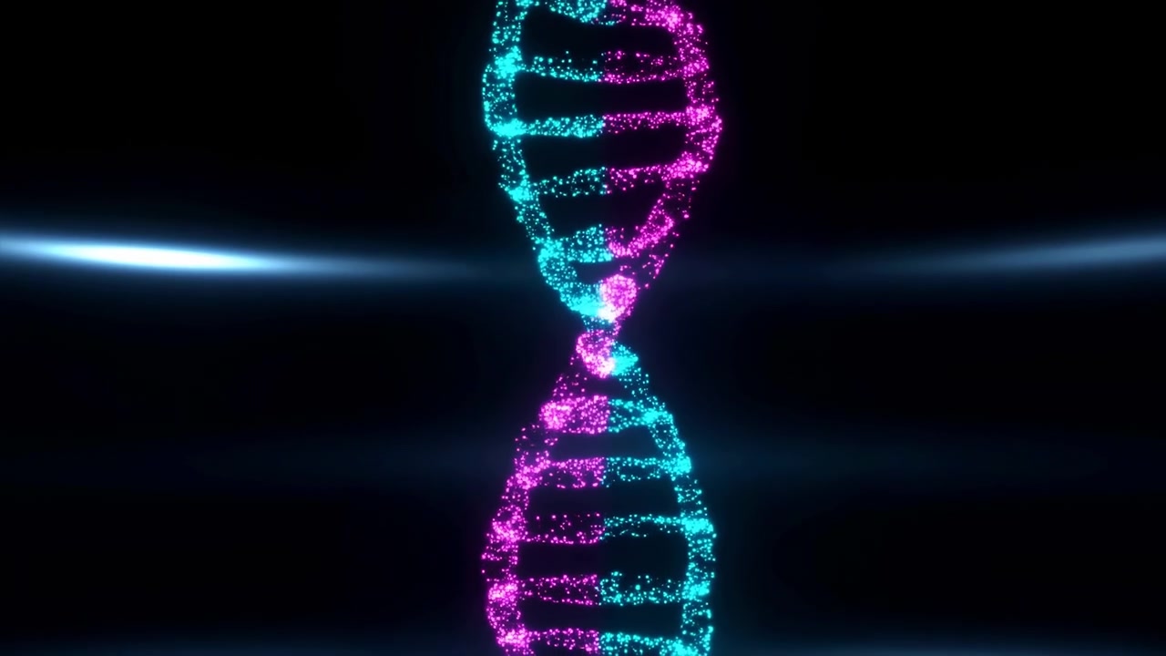 Vertical glowing DNA double helix composed of magenta and cyan particles spirals upward against a dark studio background. Soft horizontal light flares cross