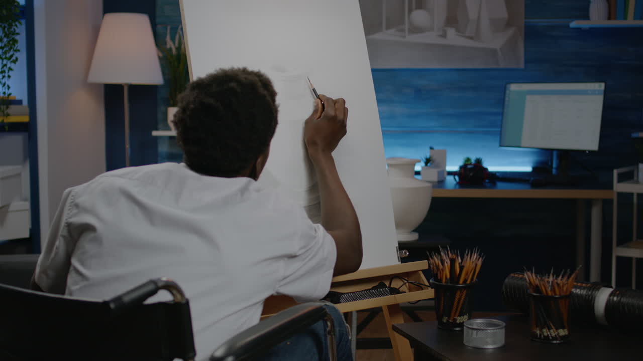 Black young artist with handicap drawing vase on canvas