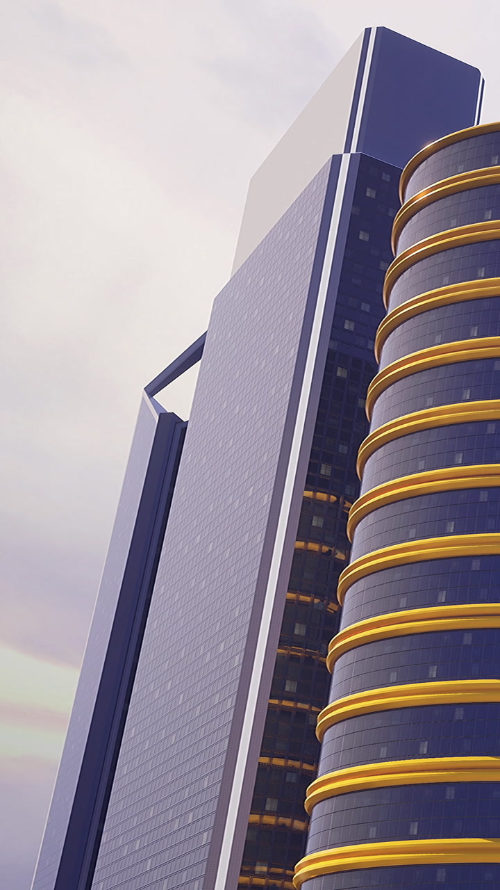 Modern buildings tower over the city skyline during a cloudy day