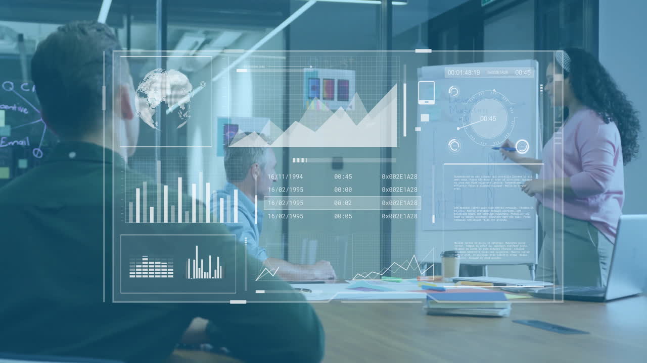 Animation of charts processing data over diverse colleagues at office meeting