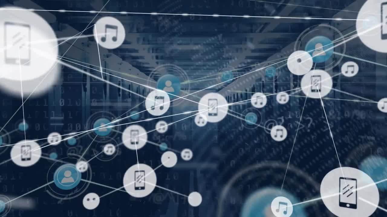 Animation of network of connections with icons and data processing over computer servers
