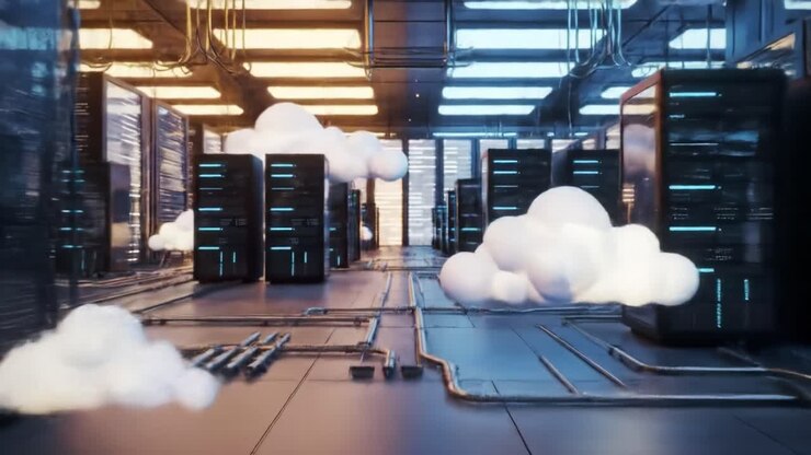 A Futuristic Data Center with Ethereal Cloud Structures Unveiling Advanced Technology and Digital Innovation in a High-Tech Environment