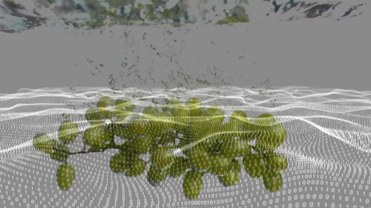 Animation of green grapes submerged in water with digital binary code overlay