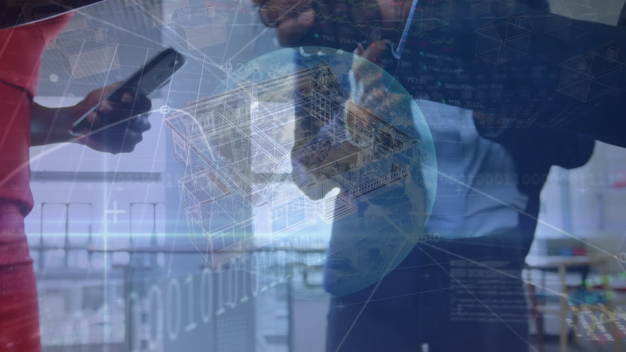 Animation of data processing and graphs over diverse businesspeople shaking hands