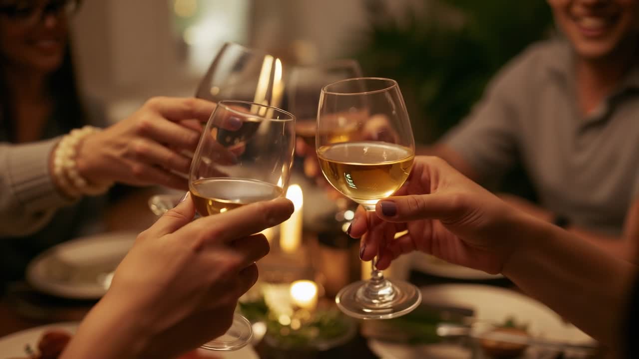 Un gruppo di adulti alza i calici di vino dopo un brindisi a tavola, festeggiando