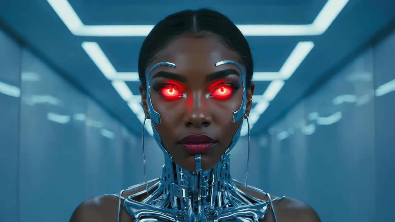 Futuristic Cyborg Woman with Red Eyes