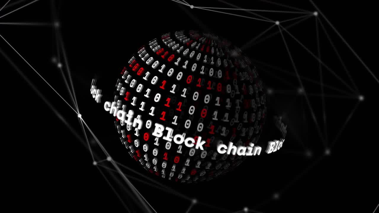 Opening on dark grid, binary globe spinning, orbiting Block chain text ring visualizing network