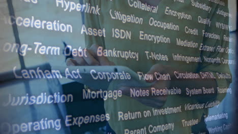 woman analyzing financial data using stylus on tablet, displaying floating business and legal terms