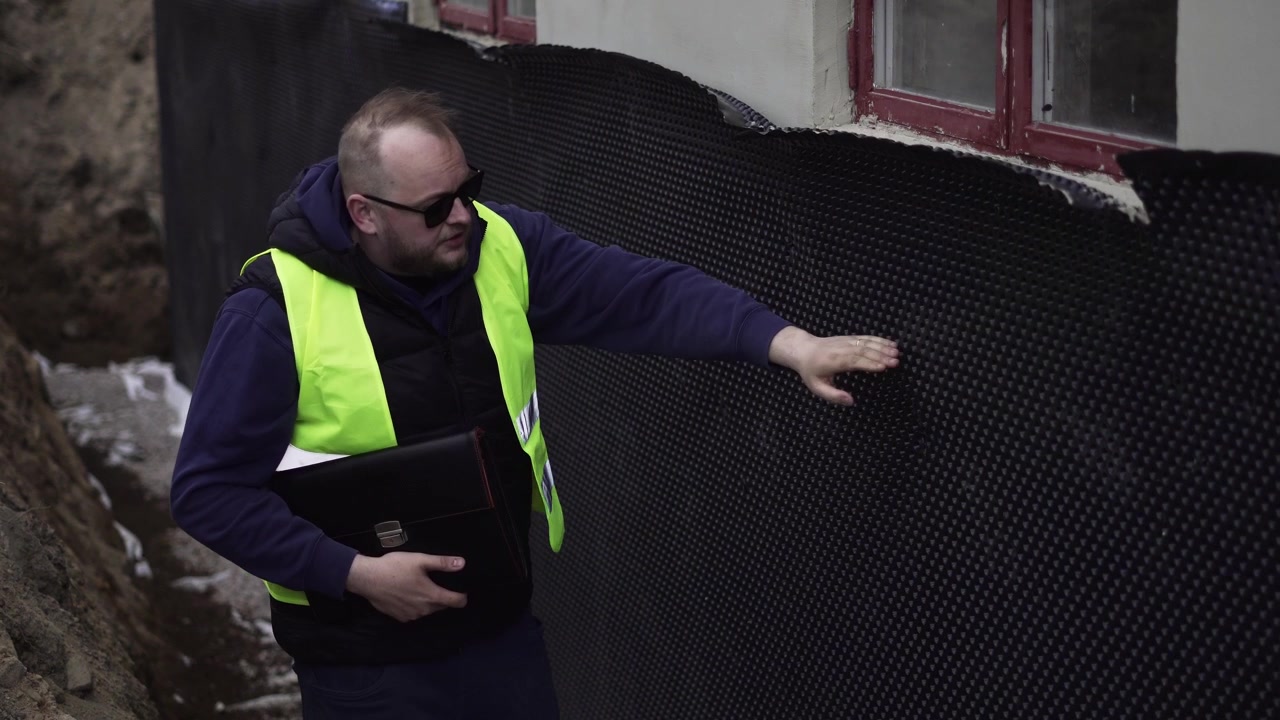 Inspector de construcción revisa daños en la pared exterior y señala defectos durante una inspección del sitio, ideal para visuales de renovación, control de calidad y seguridad de edificios